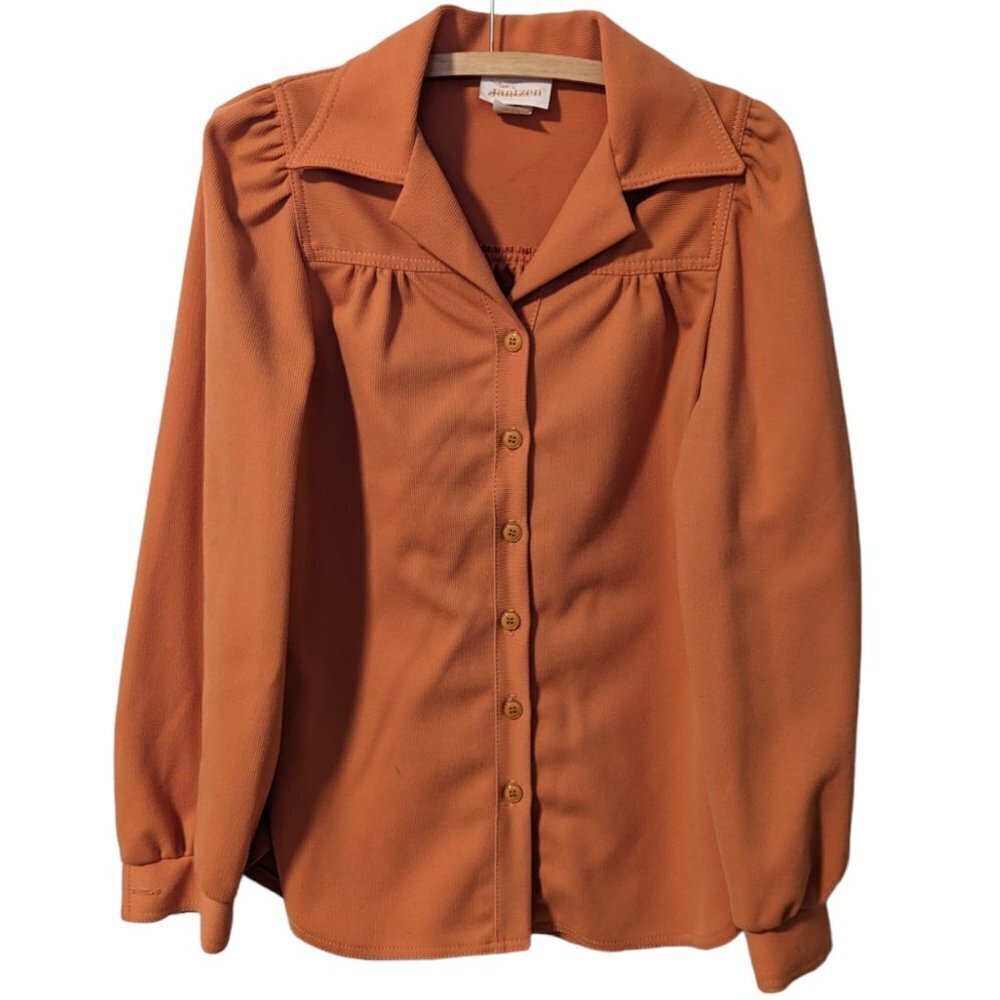 Vintage 70's Button‎ Smock Shirt Pleated Front Jantzen Burnt Orange Rust